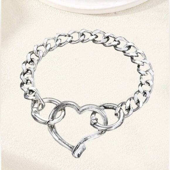 Stainless Steel Heart Bracelet Chain Link Boho Hammered Statement Piece - Picture 4 of 6